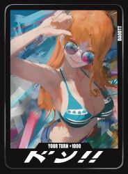 1girl arm_up armpits artist_name bikini bikini_top_only breasts cleavage cowboy_shot daodtt denim from_above hand_on_own_head highres jeans large_breasts long_hair looking_at_viewer looking_up nami_(one_piece) one_piece orange_hair pants round_eyewear second-party_source smile solo sound_effects sunglasses swimsuit