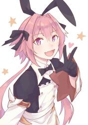 Rule 34 | 1boy, ;d, animal ears, astolfo (fate), astolfo (saber) (fate), astolfo (saber) (third ascension) (fate), black bow, black bowtie, black gloves, bow, bowtie, fake animal ears, fang, fate/apocrypha, fate/grand order, fate (series), gloves, hair bow, hair intakes, heart, highres, kokuya (kokuya28), long hair, male focus, multicolored hair, one eye closed, open mouth, pink hair, purple eyes, rabbit tail, simple background, skin fang, smile, solo, star (symbol), streaked hair, tail, twintails, upper body, v, white background, white hair