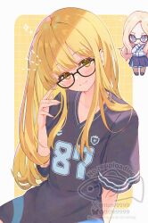 2girls :3 bespectacled black-framed_eyewear black_shirt blonde_hair bluesky_username blush collarbone commentary fujita_kotone gakuen_idolmaster glasses hatsuboshi_gakuen_school_uniform head_tilt highres idolmaster juo_sena long_hair looking_at_viewer miyanome multiple_girls school_uniform shirt short_sleeves smile straight_hair twitter_username very_long_hair watermark yellow_eyes