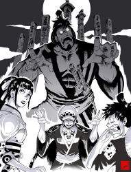 4boys absurdres black_hair chest_tattoo cloud cloudy_sky commentary empty_eyes english_commentary facial_hair facial_scar full_moon fur_hat garth2the2ndpower goatee grave hat unworn_hat unworn_headwear high_ponytail highres japanese_clothes kikunojo_(one_piece) kinemon lipstick long_hair makeup male_focus monkey_d._luffy monochrome moon multiple_boys night night_sky one_piece open_mouth outdoors ponytail scar scar_on_cheek scar_on_face short_hair sideburns signature sky smile straw_hat tattoo teeth tombstone topknot traditional_clothes trafalgar_law trap v-shaped_eyebrows