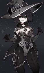 1girl absurdres black_eyes black_gloves black_hair bob_cut empty_eyes genshin_impact gloves greyscale hat highres jewelry leotard looking_at_viewer mona_(genshin_impact) monochrome monogatari_(series) oshino_ougi pantyhose rinacchi smile witch_hat