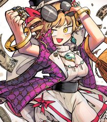 Rule 34 | 1girl, :d, absurdres, banknote, black tank top, bracelet, clenched hand, coat, dollar bill, dress, earrings, highres, jewelry, money, open mouth, pendant, piaki, purple coat, ring, round eyewear, simple background, smile, solo, sunglasses, tank top, touhou, turtleneck, turtleneck dress, white background, white dress, yellow eyes, yorigami jo&#039;on