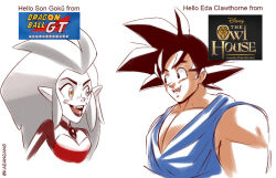 Rule 34 | bang dacy, black eyes, black hair, black lips, breasts, chest jewel, collarbone, copyright name, dragon ball, dragon ball gt, dress, edalyn clawthorne, fang, grey hair, hair between eyes, logo, long hair, looking at another, muscular, pectorals, pointy ears, red dress, sidelocks, simple background, son goku, talking, the owl house, white background, white hair, yellow eyes
