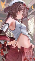 1girl absurdres armpits bare_shoulders boo_tao_(genshin_impact) brown_hair eyewear_on_head flower-shaped_pupils genshin_impact hat highres hu_tao_(cherries_snow-laden)_(genshin_impact) hu_tao_(genshin_impact) indoors kabu_usagi lace lace-trimmed_panties lace_trim long_hair lying navel official_alternate_costume on_stomach paid_reward_available panties pleated_skirt red-tinted_eyewear red_eyes red_skirt round_eyewear signature skirt solo symbol-shaped_pupils tinted_eyewear translation_request twintails twitter_username underwear undressing very_long_hair white_hat