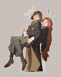 2girls black_hair black_robe brown_footwear carrying carrying_person closed_eyes commentary_request freckles grey_background grey_skirt highres hiiragimare hogwarts_legacy hogwarts_school_uniform hood hood_down hooded_robe hufflepuff hug hug_from_behind long_hair long_skirt long_sleeves multiple_girls open_mouth poppy_sweeting protagonist_(hogwarts_legacy) red_hair robe school_uniform shoes short_hair simple_background skirt slytherin smile swept_bangs twitter_username very_long_hair wavy_hair wizarding_world