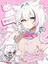 1girl :t black_ribbon blush bow bowtie breasts brown_vest buttons cat cat_tail chibi chibi_inset closed_mouth collared_shirt commission dated dress_shirt grid_background hair_between_eyes hair_intakes hair_ribbon hair_wings hand_on_own_cheek hand_on_own_face hand_up heart heart_button heart_in_eye highres layered_sleeves long_hair long_sleeves multicolored_hair original orphaneater_io outline pink_background pink_bow pink_bowtie pink_eyes pink_hair pink_skirt ribbon shirt short_sleeves sidelocks single_hair_streak skirt small_breasts speech_bubble streaked_hair symbol_in_eye tail twitter_username upper_body vest white_background white_hair white_outline white_shirt wing_collar x