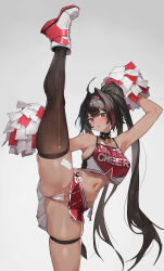 1girl absurdres arms_up bay_(nikke) black_hair black_hairband blush breasts cheerleader clothes_writing dark-skinned_female dark_skin goddess_of_victory:_nikke gradient_hair hairband highres large_breasts leg_up long_hair looking_at_viewer mole mole_under_eye multicolored_footwear multicolored_hair pom_pom_(cheerleading) ponytail shiny_skin simple_background thick_thighs thighhighs thighs tunamayo_(dsasd751)