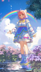 Rule 34 | 1girl, absurdres, animal ears, animal print, bare legs, blue sky, boots, bow, bowtie, braid, brown eyes, cat ears, cat girl, cat print, cat tail, character print, clenched hand, closed mouth, cloud, cobblestone, cosplay, day, dress, ear covers, eyelashes, flower, frilled bowtie, frilled dress, frilled sleeves, frills, full body, happy, highres, hood, hood up, hooded dress, infinity nikki, kemonomimi mode, kirina zero, knees, light blush, long hair, long sleeves, looking at viewer, momo (nikki), momo (nikki) (cosplay), momo rain (infinity nikki), nikki (nikki), nikki (series), official alternate color, outdoors, outstretched hand, pink flower, pink hair, puddle, puffy long sleeves, puffy sleeves, purple boots, purple bow, purple bowtie, purple dress, purple flower, purple hood, rain, rainbow, reflection, reflective water, ripples, rubber boots, short dress, side braids, sky, sleeves past wrists, smile, solo, standing, swept bangs, tail, traditional bowtie, tree, twin braids, two-tone dress, water drop, white dress