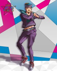 1boy anime_coloring araki_hirohiko_(style) belt belt_buckle black_hair blue_belt blue_hat blue_sailor_collar boots buckle commentary dixie_cup_hat earrings english_commentary genda_art groin hat higashikata_josuke_(jojolion) highres jewelry jojo_no_kimyou_na_bouken jojolion logo long_sleeves makeup male_focus midriff military_hat multicolored_hat official_style pants purple_hat purple_pants purple_shirt red_boots redrawn sailor sailor_collar sailor_hat shirt shoes sneakers solo standing stud_earrings teeth triangle_print two-tone_belt white_hat yellow_belt yellow_lips
