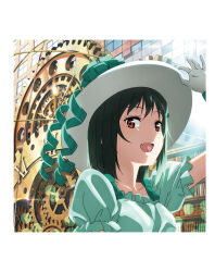 1girl artbook collarbone dress fang gloves green_dress green_hair green_hat hand_on_headwear hat highres looking_at_viewer love_live! love_live!_nijigasaki_high_school_idol_club mifune_shioriko non-web_source official_art open_mouth puffy_short_sleeves puffy_sleeves red_eyes ribbon short_hair short_sleeves smile solo sun_hat upper_body white_gloves yokota_takumi