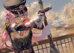 1girl aiming belt black_hat black_jacket blue_eyes blue_sky boat breasts cloud cloudy_sky elf elysia_(honkai_impact) elysia_(miss_pink_elf)_(honkai_impact) fuyuhoshi27 gloves gun hat highres holding holding_gun holding_weapon honkai_(series) honkai_impact_3rd jacket large_breasts long_hair ocean pink_hair pointy_ears signet_of_ego sky smile upper_body watercraft weapon white_gloves