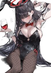 1girl absurdres alcohol alternate_costume animal_ears black_hair black_halo black_leotard blue_archive bow bowtie breasts brown_pantyhose cleavage commentary_request covered_navel cup detached_collar drinking_glass fake_animal_ears fishnet_pantyhose fishnets hair_ornament hairclip halo highres holding holding_cup large_breasts leotard long_hair looking_at_viewer multicolored_halo pantyhose pepq rabbit_ears red_bow red_bowtie red_eyes red_halo rio_(blue_archive) simple_background sitting solo thighs two-tone_halo variant_set white_background wine wine_glass