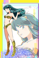 01angelegg 1girl animal_print bare_arms black_stripes bra breasts cleavage closed_mouth floating_hair full_body green_eyes green_hair highres horns kneehighs long_hair looking_at_viewer lum medium_breasts navel panties pointy_ears print_bra print_panties smile socks solo standing strapless strapless_bra striped_bra striped_clothes striped_panties striped_socks tiger_print tiger_stripes underwear underwear_only urusei_yatsura very_long_hair yellow_bra yellow_panties yellow_socks
