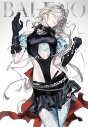 1girl aqua_eyes black_gloves black_skirt breasts closed_mouth commission cowboy_shot gloves grey_hair head_tilt highres long_hair looking_to_the_side original skirt solo white_background znzn1109zn