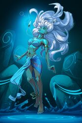 1girl anklet atlantis:_the_lost_empire barefoot breasts closed_eyes dark-skinned_female dark_skin garth_graham gold_armlet highres jewelry kidagakash long_hair medium_breasts navel necklace solo white_hair
