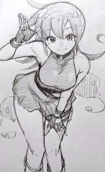 1girl belt breasts closed_mouth dress duel_masters fingerless_gloves gloves greyscale long_hair looking_at_viewer medium_breasts monochrome pouch short_dress simple_background smile solo standing tasogare_mimi thigh_pouch white_background yoshikage_(yo4kage)