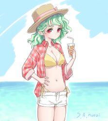 Rule 34 | 1girl, artist name, bikini, bow, breasts, cleavage, drink, drinking straw, green hair, hat, hat bow, hat ribbon, holding, holding drink, kazami yuuka, medium breasts, navel, open clothes, open shirt, outdoors, pink bow, pink ribbon, plaid clothes, plaid shirt, red eyes, red shirt, ribbon, s-a-murai, shirt, short shorts, shorts, side-tie bikini bottom, sleeves rolled up, solo, swimsuit, swimsuit under clothes, touhou, variant set, wavy hair, white shorts, yellow bikini
