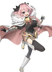 1boy armored_skirt astolfo_(fate) black_dress black_ribbon black_thighhighs boots braid braided_ponytail check_commentary cloak commentary_request crossdressing dress fang fate/grand_order fate_(series) full_body gauntlets hair_intakes hair_ribbon initsukkii long_hair long_sleeves male_focus puffy_sleeves ribbon short_dress simple_background solo thighhighs trap white_background white_boots white_cloak
