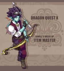 1boy aqua_skin arrow_(projectile) back_fin bell belt black_gloves blue_gemstone boots bow_(weapon) brown_background brown_bag brown_belt brown_boots colored_skin commentary_request copyright_name dragon_quest dragon_quest_x earrings english_text fingerless_gloves fins fish_boy flei_rainbow full_body gem gloves goggles goggles_on_head head_fins holding holding_arrow holding_bow_(weapon) holding_weapon jewelry looking_to_the_side male_focus monster_boy neck_bell pants purple_hair purple_pants red_eyes red_pants red_vest shirt short_hair sleeves_rolled_up smile solo spiked_hair two-tone_pants vest weapon weddie_(dq10) white_shirt