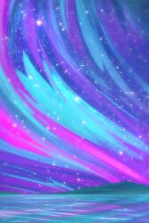 colorful landscape mountainous_horizon night night_sky no_humans ocean original outdoors reflection reflective_water scenery sky sparkle star_(sky) starry_sky swirl zandra