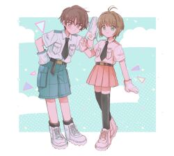 1boy 1girl alternate_costume antenna_hair belt black_belt black_necktie black_thighhighs blush brown_eyes brown_hair cardcaptor_sakura cargo_shorts closed_mouth flag gloves green_eyes hair_intakes holding holding_flag kinomoto_sakura kumasaki leaning_forward li_syaoran looking_at_viewer necktie pink_skirt pleated_skirt police police_uniform shirt short_hair shorts skirt smile thighhighs white_gloves