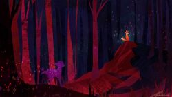Rule 34 | animal, artist name, deer, forest, fox, hill, landscape, limited palette, looking at another, nature, no humans, original, outdoors, painterly, rock, scenery, signature, sparkle, tree, zandra