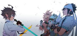 5boys abs ahoge anmicius aotu_world black_gloves black_hair blonde_hair blue_eyes blue_hair brown_gloves brown_hair closed_mouth crossed_arms dark_skin earrings fingerless_gloves gloves glowing gradient_background hair_between_eyes hat headband holding holding_sword holding_weapon hood jacket jewelry jokerplaner long_hair male_focus multiple_boys necktie open_mouth palos_(aotu_world) pelly_(aotu_world) pointy_ears ponytail ray_(aotu_world) shirt short_hair simple_background smile spiked_hair sword topless_male upper_body weapon white_background white_hair white_jacket white_shirt