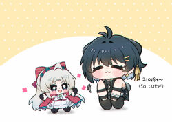 2girls :3 ahoge bare_shoulders black_gloves black_hair bow carlotta_(wuthering_waves) chibi chibi_only closed_eyes colored_inner_hair commentary commentary_request dress english_commentary female_rover_(wuthering_waves) gloves hair_bow hair_ribbon hairband hue_oo jacket korean_commentary looking_at_another mixed-language_commentary multicolored_hair multiple_girls pangu_terminal_(wuthering_waves) pink_bow pink_hairband pink_jacket ribbon rover_(wuthering_waves) striped_bow white_dress wuthering_waves yellow_ribbon