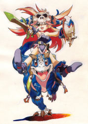 1girl brown_eyes dinosaur riding_dinosaur highres holding holding_sword holding_weapon long_hair one_eye_closed original pink_hair red_eyes riding shield simple_background sword tanaka_kunihiko traditional_media weapon wink