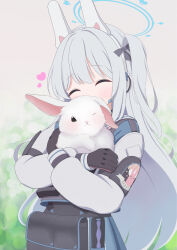 Rule 34 | 1girl, ^ ^, absurdres, animal, animal ears, black bow, black gloves, blue archive, blue halo, blue serafuku, blush, bow, closed eyes, commentary, cowboy shot, crossed arms, facing viewer, fake animal ears, gloves, green background, grey hair, hair between eyes, hair bow, halo, happy, heart, highres, holding, holding animal, long hair, miyako (blue archive), natsukage ao, one side up, pyonko (blue archive), rabbit, rabbit ears, sailor collar, school uniform, serafuku, sidelocks, simple background, solo, two-tone background, very long hair, white background, white rabbit (animal), white sailor collar, x mouth