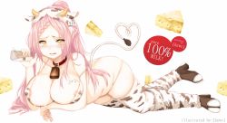 10s 1girl animal_ears animal_print areola_slip artist_name bell bikini blush breasts cheese covered_erect_nipples cow_ears cow_print cow_tail cowbell female_focus food hews jar large_breasts long_hair milk no-rin open_mouth pink_hair pouring solo swimsuit tail thighhighs yellow_eyes yoshida_kochou
