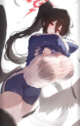 1girl absurdres black_bra black_feathers black_hair black_wings blue_archive blue_jacket blue_shorts blurry bra bra_visible_through_clothes breasts commentary depth_of_field falling_feathers feathered_wings feathers gym_shirt gym_shorts hach_190 hair_between_eyes halo hasumi_(blue_archive) hasumi_(track)_(blue_archive) highres huge_breasts jacket long_hair long_hair_between_eyes long_sleeves looking_at_viewer low_wings md5_mismatch official_alternate_costume official_alternate_hairstyle oversized_wings ponytail red_eyes red_halo see-through_clothes see-through_shirt shirt short_shorts shorts simple_background solo thighs track_jacket underwear very_long_hair white_background white_shirt wings