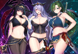 3girls axe black_hair book bra breasts camilla_(fire_emblem) chest_sarashi cleavage commentary_request corset fire_emblem fire_emblem:_the_blazing_blade fire_emblem_awakening fire_emblem_fates fire_emblem_warriors glaring green_eyes green_hair halterneck highres holding holding_sword holding_weapon huge_breasts kashiwamochi_yomogi large_breasts long_hair looking_at_viewer lyn_(fire_emblem) multiple_girls navel nintendo official_alternate_costume over_shoulder panties pantyhose partially_shaded_face ponytail purple_eyes purple_hair sarashi stomach sweat sword tharja_(fire_emblem) thighs tiara twintails underwear variant_set very_long_hair wavy_hair weapon weapon_on_back weapon_over_shoulder