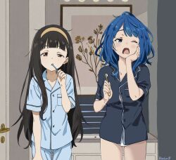 2girls ahoge black_hair blue_eyes blue_hair blue_pajamas blunt_bangs brown_eyes brushing_teeth commentary_request cowboy_shot hairband highres holding holding_toothbrush indoors long_hair looking_at_viewer make_heroine_ga_oo_sugiru! medium_hair messy_hair mixed-language_commentary multiple_girls no_pants nukumizu_kaju one_eye_closed open_mouth pajamas panties signature sleepy tearing_up toothbrush underwear white_panties xiaoluoluoluoluo yanami_anna yawning yellow_hairband