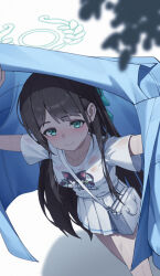 1girl airi_(band)_(blue_archive) airi_(blue_archive) blue_archive blue_jacket breasts brown_hair closed_mouth cowboy_shot green_eyes green_ribbon hair_ribbon halo highres holding holding_jacket holding_unworn_clothes jacket long_hair looking_at_viewer pleated_skirt ribbon shi_ling_fangcheng shirt short_sleeves skirt smile unworn_jacket white_shirt white_skirt
