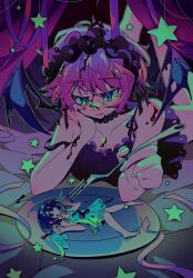 2girls alien_stage angel_wings barefoot black_choker black_dress black_hair black_hairband black_liquid blush breasts choker cleavage closed_mouth collarbone demon_wings dress expressionless fork frilled_hairband frills green_eyes hairband highres large_breasts licking_lips looking_at_viewer looking_down lying mini_person minigirl mizi_(alien_stage) multiple_girls nyamen_ramen on_back on_stomach pink_hair plate short_hair sleeveless sleeveless_dress smile strap_slip sua_(alien_stage) tongue tongue_out white_dress wings