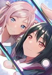 1girl 2girls ahoge black_hair blue_eyes cellphone dark_green_hair hair_ribbon long_hair love_live! love_live!_nijigasaki_high_school_idol_club mifune_shioriko mole mole_under_eye multiple_girls orange_eyes phone pink_hair red_eyes ribbon selfie shamakho short_hair swept_bangs taking_picture yuri zhong_lanzhu