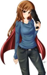1girl absurdres artist_name belt blush brown_eyes brown_hair cape collarbone cowboy_shot female_focus fingernails gender_request genderswap gun highres holding i_wanna_be_the_guy imkyonyuu long_hair looking_at_viewer pants red_cape sidelocks simple_background smile solo the_kid transparent_background weapon white_background