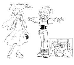 1boy 1girl bask_om commentary_request deux_murasame dress expressionless flat_chest freckles full_body gundam gundam_gquuuuuux highres long_hair mecha_pilot_suit monochrome outstretched_arms pine_(pine-box) spread_arms translation_request updo