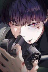 Rule 34 | 1boy, black hair, blood, blood on face, blood on hands, close-up, cuts, gas mask, hoshina soshiro, injury, kaijuu no. 8, looking at viewer, male focus, mask, one eye closed, purple hair, short hair, shubish see, simple background, smile, solo, teeth
