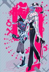 2boys ama0805 belt cane center_opening coat collared_shirt colored_skin demon_boy extra_arms fur_trim hazbin_hotel heart heart-shaped_eyewear high_heels highres holding holding_cane multiple_boys pants purple_skin shirt smoking valentino_(hazbin_hotel) vox_(hazbin_hotel)