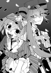 2girls a218930 alternate_costume apron black_necktie bow breasts choker collarbone collared_shirt confetti diagonal-striped_bow double-parted_bangs dress false_smile gloves greyscale grin hair_between_eyes hashtag-only_commentary hat hat_bow hatsune_miku highres kasane_teto kepi leaning_forward long_hair looking_at_another looking_at_viewer mesmerizer_(vocaloid) military_hat monochrome multiple_girls necktie pants pinstripe_dress pinstripe_hat pinstripe_pattern sharp_teeth shirt small_breasts smile smiley_hat_ornament solid_circle_eyes striped_bow striped_clothes striped_shirt suspenders sweat teeth tongue tongue_out twintails utau visor_cap vocaloid waist_apron wing_collar