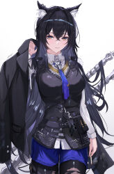 1girl absurdres animal_ear_fluff animal_ear_piercing animal_ears arknights black_cape black_hair black_jacket black_pantyhose black_vest blue_necktie blue_shorts cape cigarette closed_mouth collared_shirt cowboy_shot hair_between_eyes highres holding holding_cigarette jacket long_hair long_sleeves looking_at_viewer miya-chan_(lightning0730) necktie pantyhose pantyhose_under_shorts shirt shorts smile solo texas_(arknights) texas_the_omertosa_(arknights) torn_clothes torn_necktie vest white_shirt wolf_ears wolf_girl yellow_eyes