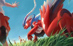 Rule 34 | all fours, arm up, black shoes, blue sky, brown hair, cloud, colored sclera, day, gen 1 pokemon, grass, growlithe, koraidon, kumakis, naranja academy school uniform, nintendo, open mouth, orange eyes, orange pants, orange shorts, outdoors, pants, pikachu, pokemon, pokemon (creature), pokemon focus, pokemon sv, pokemon tcg, school uniform, second-party source, shirt, shoes, short hair, short sleeves, shorts, sky, socks, white shirt, white socks, yellow sclera