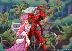 1boy 1girl armor battle blood blood_from_mouth blue_eyes blush boosted_gear breasts character_request colored_skin commentary commission detached_sleeves forehead full_armor gauntlets gloves goblin green_eyes green_skin hair_ribbon high_school_dxd holding holding_knife hug hyoudou_issei hyoudou_issei_(boosted_gear_scale_mail) jewelry knife kuroinu_~kedakaki_seijo_wa_hakudaku_ni_somaru~ large_breasts large_ears long_hair monster multiple_boys navel pink_hair pink_ribbon pointy_ears power_armor prim_fiorire princess puffy_sleeves red_armor ribbon rud-k short_sleeves thighhighs tiara tongue tongue_out very_long_hair white_gloves yellow_eyes