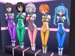 5girls absurdres ahoge aqua_eyes arms_behind_back bdsm black_hair blue_bodysuit blue_eyes blue_hair bodysuit bound bound_arms breasts brown_eyes brown_hair character_request chikyuu_boueitai_star_guardians duct_tape gag green_bodysuit grey_hair highres hoshizora_kohaku hououin_miya improvised_gag large_breasts long_hair looking_at_viewer medium_breasts multiple_girls orange_eyes orange_hair pink_bodysuit porin_(chikyuu_boueitai_star_guardians) purple_bodysuit rope shibari shibari_over_clothes shiny_clothes short_hair skin_tight small_breasts star_emerald star_garnet star_pearl tape tape_gag thalter39o twintails two-tone_bodysuit very_long_hair very_short_hair white_bodysuit yellow_bodysuit