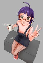 absurdres ahoge animegao bodystocking bodysuit breasts breathing_tube breathplay cleavage coffee coffee_mug cosplay cup emi_r_(ox3870) fishnets glasses grin hazel_eyes highres kigurumi maddy_xiao mug naked_overalls necrobarista overall_shorts overalls purple_hair red_shoes shoes sitting smile v