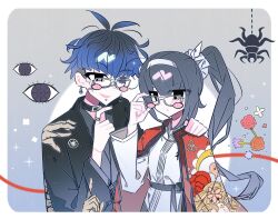 1boy 1girl black_bow black_eyes black_hair blue_boe blue_eyes blush border bow bridge_piercing closed_mouth collar earrings face_piercing floral_print flower glasses gradient_background grey_background hand_on_another&#039;s_shoulder highres japanese_clothes jewelry lip_piercing magadori_kyoshika multicolored_hair omokage_yugamu open_mouth piercing ponytail simple_background the_hundred_line_-last_defense_academy- upper_body white_border