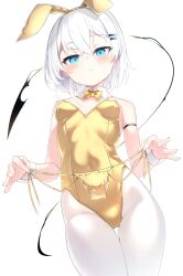 1girl animal_ear_hairband animal_ears bikini blue_eyes bow bowtie breasts detached_collar fake_animal_ears gold_bikini gold_bowtie gold_leotard hair_ornament hairband hairclip highres leotard looking_at_viewer original otokuyou pantyhose playboy_bunny rabbit_ears ringo-chan_(otokuyou) short_hair simple_background small_breasts solo strapless strapless_leotard swimsuit unworn_bikini_bottom white_background white_hair white_pantyhose wrist_cuffs