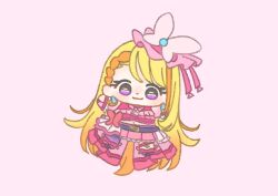 Rule 34 | 1girl, :3, absurdly long hair, asymmetrical bangs, belt, belt buckle, beret, black belt, black boots, blonde hair, boots, bow, braid, bridal gauntlets, buckle, butterfly hat ornament, chibi, closed mouth, commentary, cropped shirt, cure butterfly, dot nose, earrings, eyelashes, footwear bow, frilled headwear, frilled shirt, frilled wrist cuffs, frills, gold buckle, happy, hat, hat ornament, hijiri ageha, hirogaru sky! precure, ichigo usuhana, jewelry, knee boots, lace, lace-trimmed skirt, lace trim, light blush, long hair, long sidelocks, looking at viewer, magical girl, midriff, mini hat, miniskirt, multicolored boots, multicolored hair, navel, outstretched arms, pantyhose, pink background, pink boots, pink bow, pink bridal gauntlets, pink hat, pink shirt, pink skirt, pink theme, pink wrist cuffs, pleated skirt, precure, purple eyes, purple pantyhose, shirt, side braid, sidelocks, simple background, single braid, single leg pantyhose, single sidelock, skirt, skirt set, sleeveless, sleeveless shirt, smile, solo, straight hair, streaked hair, swept bangs, tareme, thigh strap, train (clothing), two-tone boots, very long hair, waist bow, wrist cuffs